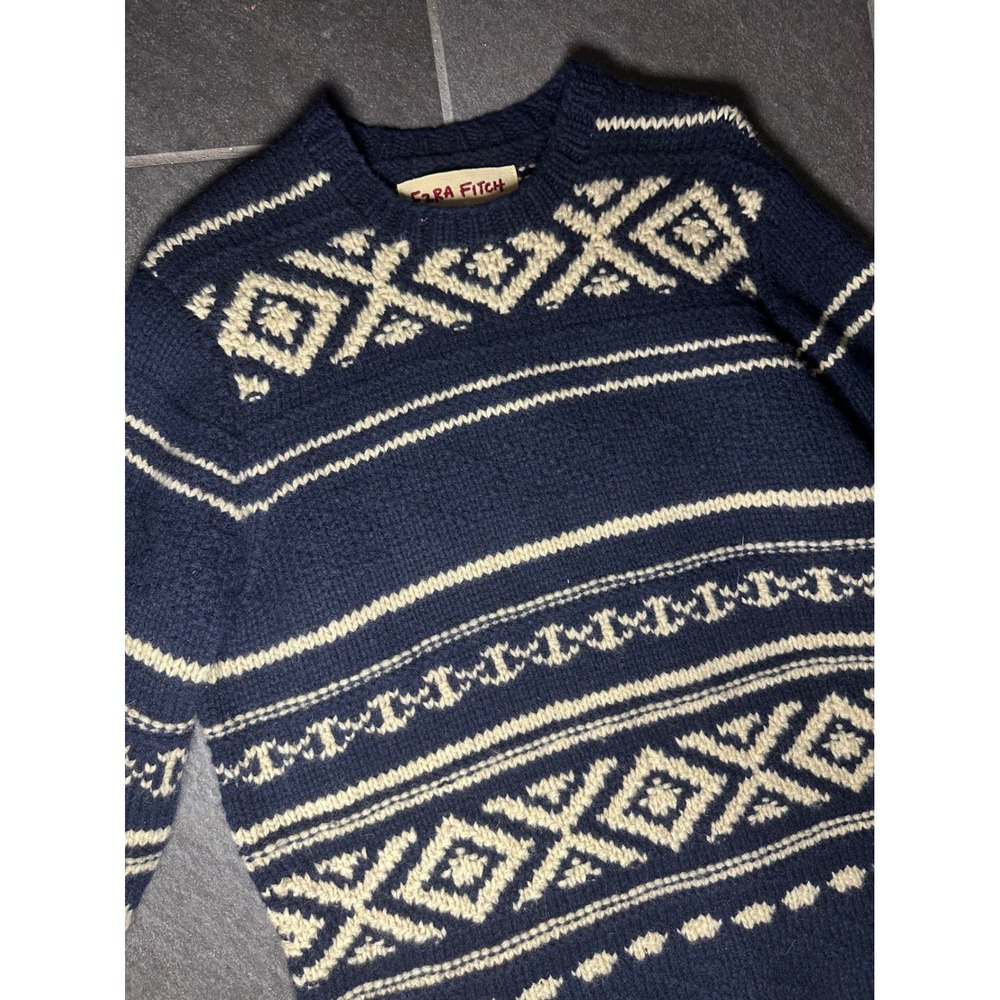 Ezra Fitch Mens Navy Blue Fair Isle Hand Knit Wool Sweater Crew Neck Heavyweight